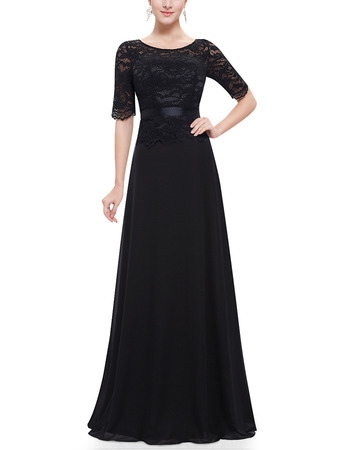 Inexpensive Elegant Long Lace Chiffon Black Mother of the Bride Dress with Short Sleeves