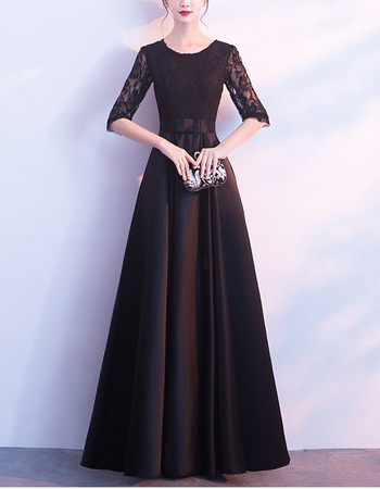 Affordable Elegant Long Black Satin Formal Mother Dress with Half Lace Sleeves