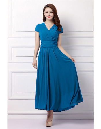 Simple Modest V-Neck Tea Length Chiffon Formal Mother Dress with Short Sleeves