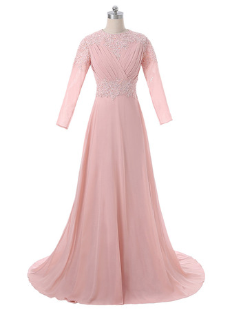 Women's Elegant A-Line Sweep Train Chiffon Formal Mother Dress with Long Sleeves