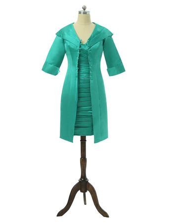 Designer Column V-Neck Short Pleated Formal Mother Dress with Jackets