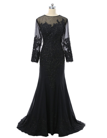 Custom Sheath Long Black Chiffon Tulle Plus Size Mother Formal Dress/ Mother of the Bride Dress with Long Sleeves