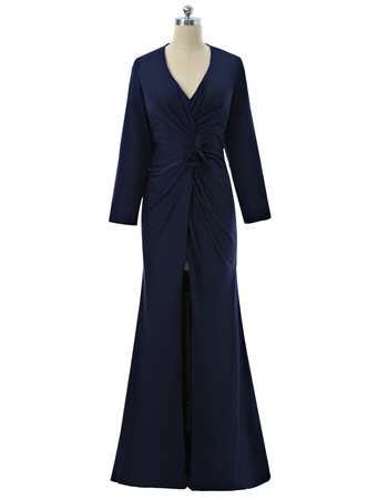 Custom Modern Sheath V-Neck Long Satin Formal Mother Dress with Long Sleeves