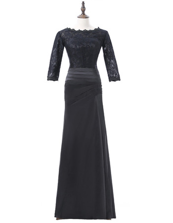 Elegant Long Lace Satin Black Mother Dresses with 3/4 Long Sleeves