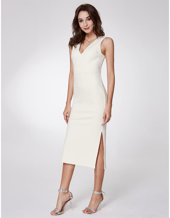 Modest V-Neck Tea Length Satin Homecoming/ Cocktail Dress