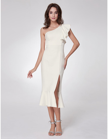 Modern One Shoulder Tea Length Satin Homecoming/ Party Dress