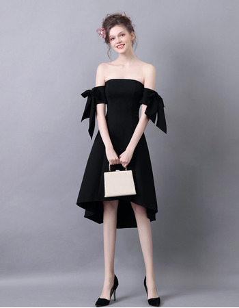 Sexy Strapless High-Low Satin Black Homecoming Party Dress with Bows for Girls