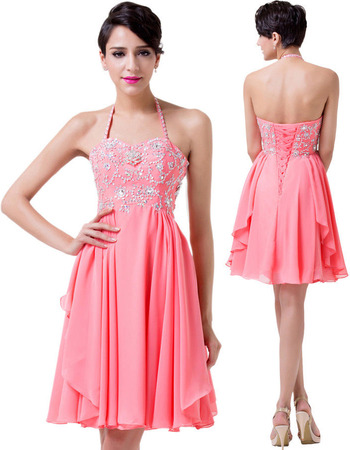 Girls Classy Halter Mini/ Short Chiffon Homecoming/ Cocktail Dress