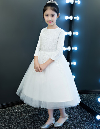 Custom Tea Length Lace Organza Flower Girl Dress with Long Sleeves