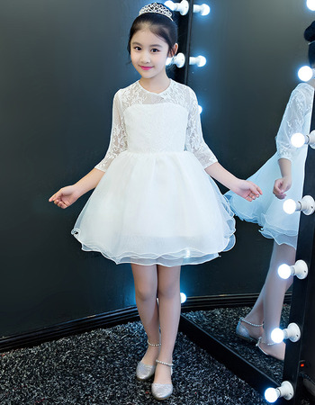 Affordable Cute Short Organza Little Girl Party Dress with Long Sleeves