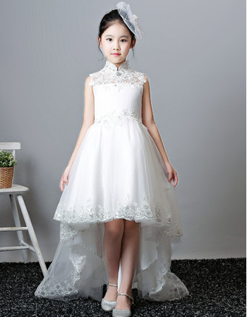 2022 Beautiful Mandarin Collar Sleeveless High-Low Flower Girl Dress