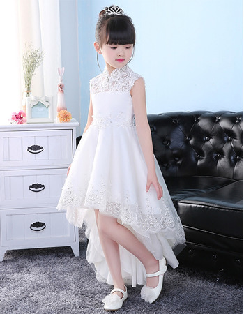 Adorable Kids Mandarin Collar High-Low Organza Flower Little Girl Dress