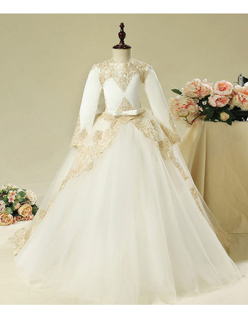 Stunning Ball Gown Long Flower Girl Dress for Wedding Party with Long Sleeves