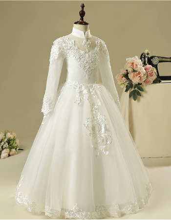 Custom Pretty Mandarin Collar Long Flower Girl Dress with Long Sleeves