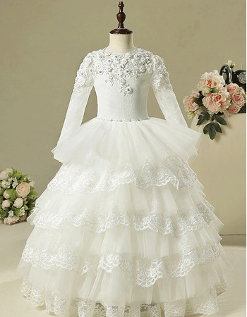 Inexpensive Stunning Layered Skirt Flower Girl Dress for Wedding Party with Long Sleeves