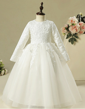 Adorable Classy Long Lace Organza Flower Girl Dress for Wedding Party with Long Sleeves