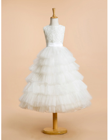 Custom Lovely Sleeveless Lace Organza Layered Skirt Flower Girl Paty Dress