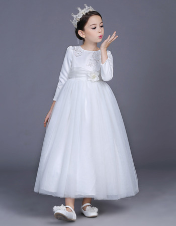 Kids Princess Ankle Length Satin Flower Girl Dress with Long Sleeves