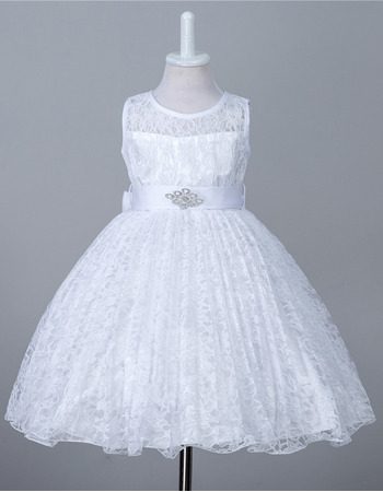 Lovely Sleeveless Knee Length Lace Flower Girl Dress with Belt