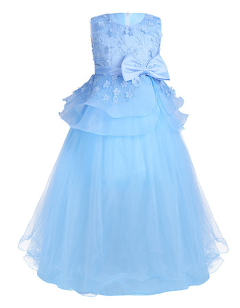 Custom Sleeveless Floor Length Applique Blue Little Girls Party Dress