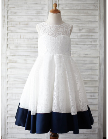 Girls Lovely Sleeveless Knee Length Lace Flower Girl Dress with Bow