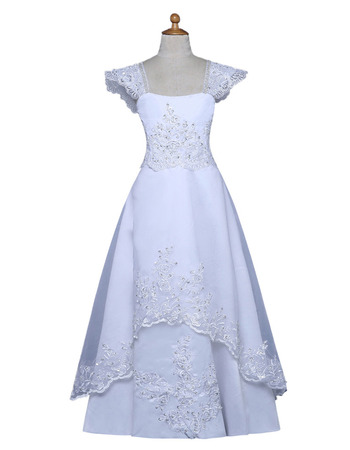 Kids Square Cap Sleeves Floor Length Satin Flower Girl Dress