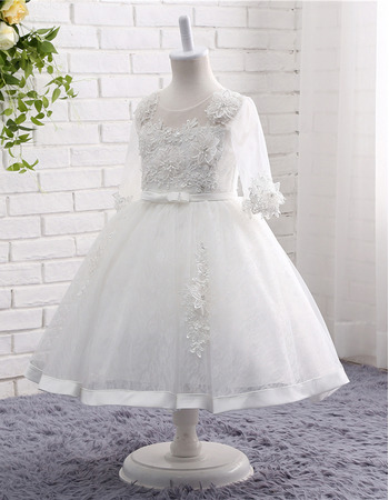 Girls Lovely Tea Length Organza Flower Girl Dress with 3/4 Long Sleeves