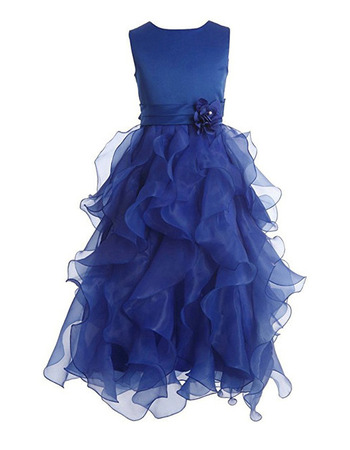 Beautiful Sleeveless Floor Length Ruffle Skirt Blue Flower Girl Dress