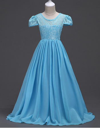Pretty Empire Long Chiffon Lace Flower Girl Dress with Short Sleeves