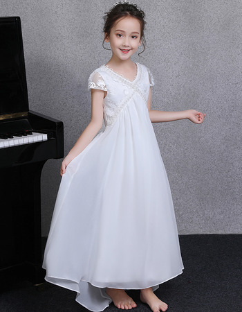 Custom V-Neck Cap Sleeves Ankle Length Chiffon Junior Bridesmaid Dress