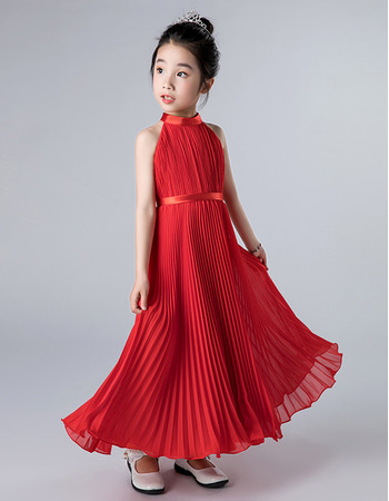 Adorable Halter Ankle Length Chiffon Pleated Junior Bridesmaid Dress