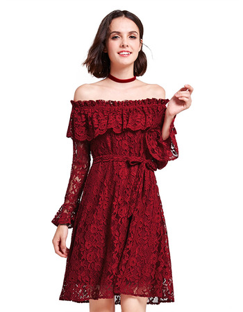 Elegant Off-the-shoulder Short Lace Cocktail/ Holiday Dress with Sleeves