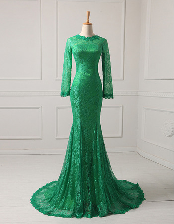 Affordable Mermaid Floor Length Lace Evening Dress with Long Sleeves