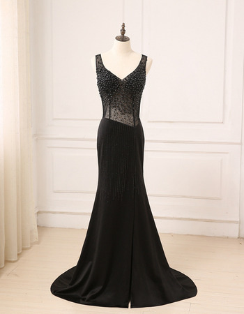 Sexy Sheath V-Neck Floor Length Chiffon Black Beading Evening Dress