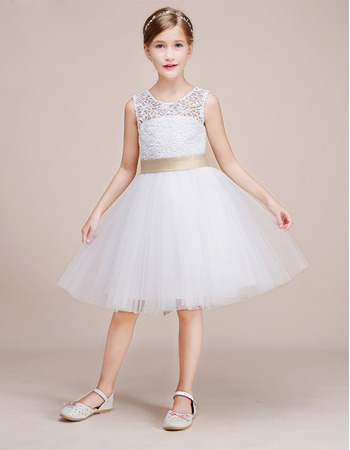 Girls Pretty Knee Length Lace Tulle Flower Girl Dress with Sashes