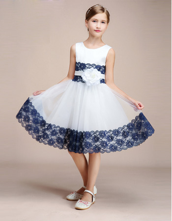 New Style Knee Length Flower Girl Dress with Lace Trim