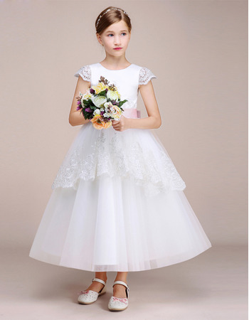 Affordable Tea Length Cap Sleeves Flower Girl Dress with Belts