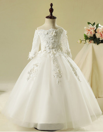 Girls Classic Ball Gown Off-the-shoulder Flower Girl Dress with Sleeves