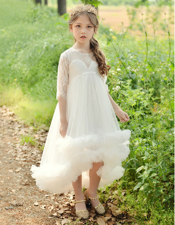 Adorable Empire High-Low Tulle Flower Girl Dress with Half Sleeves