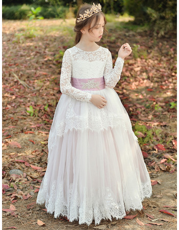 New Style Ball Gown Flower Girl Dress with Long Lace Sleeves