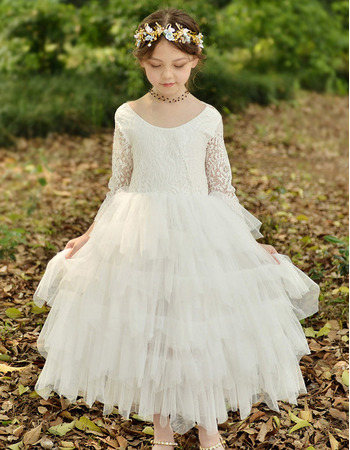 Custom Ankle Length Organza Flower Girl Dress with Long Lace Sleeves