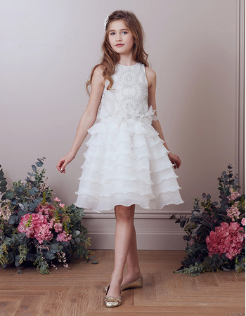 Stunning Knee Length Organza Layered Skirt Beading Flower Girl Dress