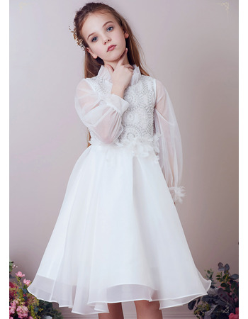 Style Knee Length Organza Flower Girl Dress with Long Sleeves