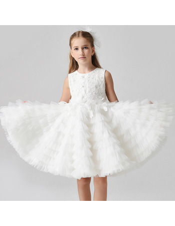 Custom Knee Length Lace Organza Pleated Skirt Flower Girl Dress