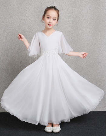 Inexpensive Ankle Length Chiffon Flower Girl Dress with Short Sleeves