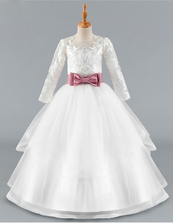 Discount Ball Gown Long Flower Girl/ Communion Dress with Belt