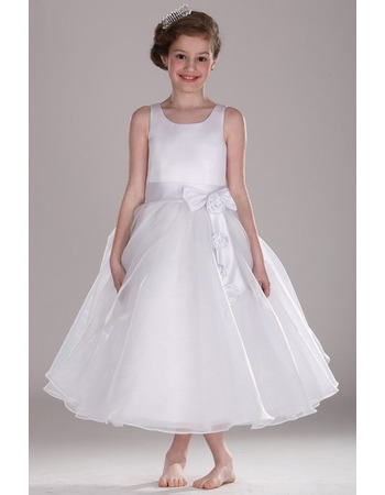 Affordable Ball Gown Tea Length Satin Flower Girl Dress with Bow