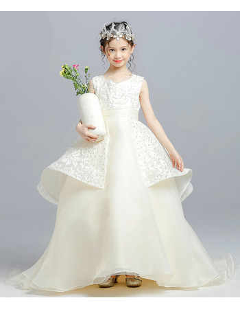 Custom Ball Gown Floor Length Lace Organza Little Girls Party Dress