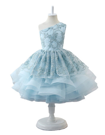 New One Shoulder Knee Length Little Girls Party Dress