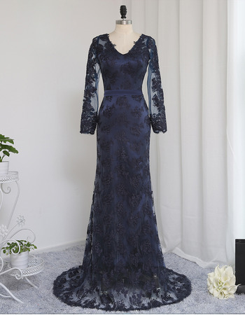 Sexy Sheath V-Neck Floor Length Lace Prom Dress with Long Sleeves